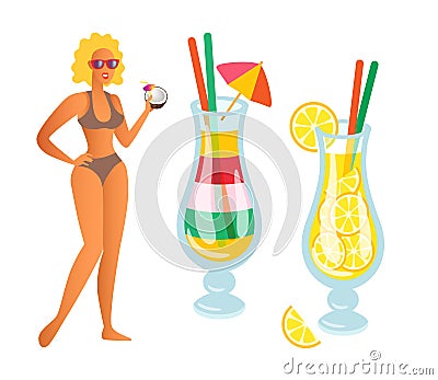 Woman with Cocktails, Lemonade Person Partying Vector Illustration