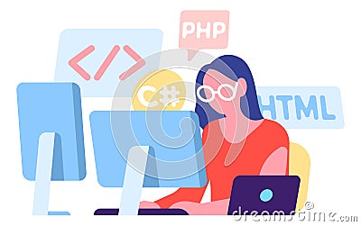 Woman coding in different programming languages. Programmer work Vector Illustration