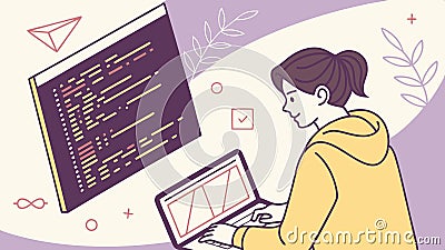 Woman coding on laptop with binary code, programming and tech vector design Generative AI Vector Illustration