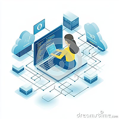 Woman coding on laptop cloud computing network data servers isolated on white background Stock Photo