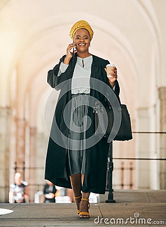 Woman with coffee, phone call and lawyer outside court with smile, consulting on legal advice and walking to work Stock Photo