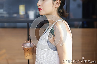 Woman Coffeeshop Drink Relaxation Tattoo Concept Stock Photo