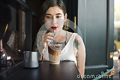 Woman Coffeeshop Drink Relaxation Tattoo Concept Stock Photo