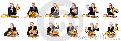 The woman with coins and golden sacks Stock Photo