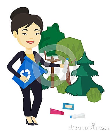 Woman collecting garbage in forest. Vector Illustration