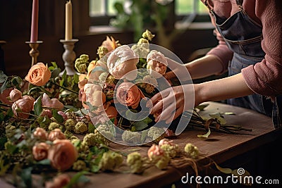 A woman collects a bouquet in a flower shop. Generative AI technology Stock Photo