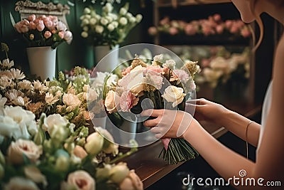 A woman collects a bouquet in a flower shop. Generative AI technology Stock Photo