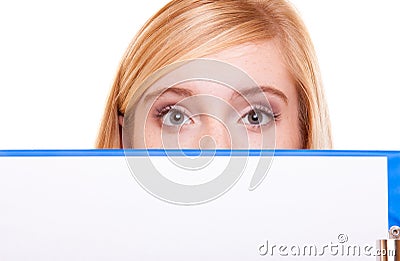 Woman college student girl holds clipboard with blank Stock Photo