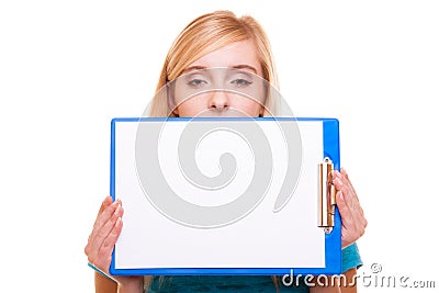 Woman college student girl holds clipboard with blank Stock Photo