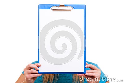 Woman college student girl holds clipboard with blank Stock Photo