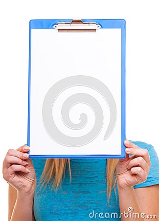 Woman college student girl holds clipboard with blank Stock Photo