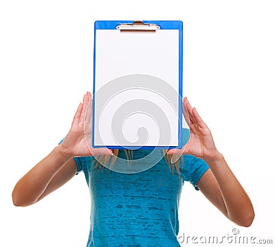 Woman college student girl holds clipboard with blank Stock Photo