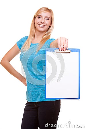 Woman college student girl holds clipboard with blank Stock Photo