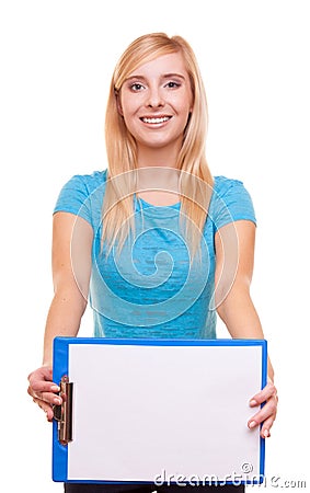 Woman college student girl holds clipboard with blank Stock Photo