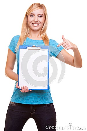 Woman college student girl holds clipboard and points Stock Photo