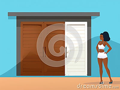 A woman of color standing in front of a dilapidated apartment building determined to make a change.. AI generation Stock Photo
