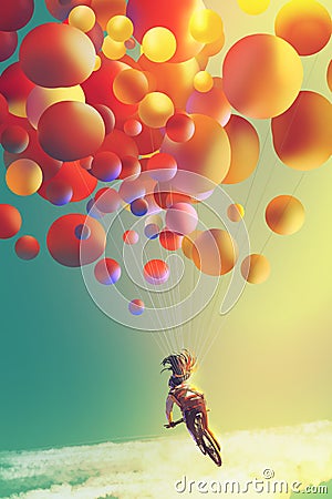 Woman with colorful balloons riding bike in the the sky Cartoon Illustration