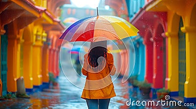 Woman with Colorful Umbrella on Vibrant Street. Generative ai Cartoon Illustration