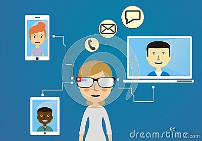 Woman communicate with friends using smart glasses Vector Illustration