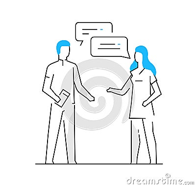 Woman communicates with her friend, relationships, convenience, work, home. Infographics, line, advertising, banner Vector Illustration