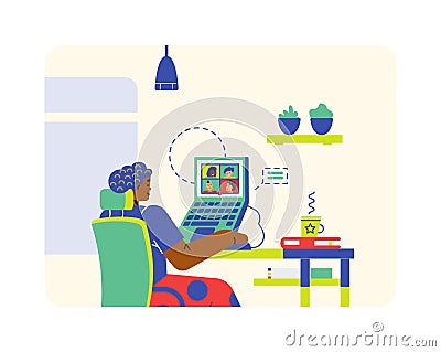 Woman communicating with colleagues in online chat, flat vector isolated. Vector Illustration