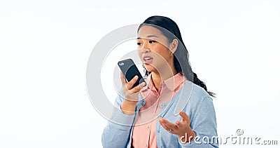 Woman, communication and phone call with speaker in studio for voice app, sound translation or contact on white Stock Photo