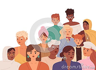 Woman community of diverse women of different age, race, nationality, and skin color. International feminists. Feminism Vector Illustration