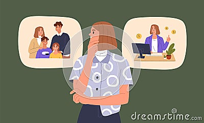 Woman comparing, choosing, deciding between family and career. Work-life balance concept, female choice of children Vector Illustration