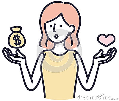 Woman comparing love and money Simple Illustration Vector Illustration