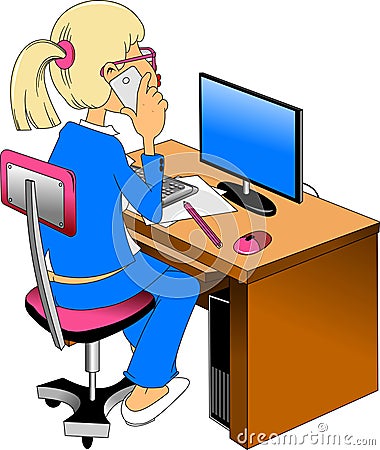 Woman and computer Cartoon Illustration