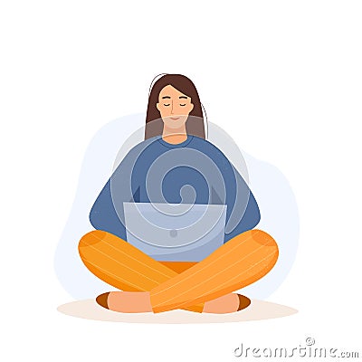 Woman with computer sitting. Freelance girl with laptop studying. Flat style Vector Illustration