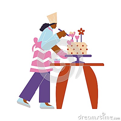 Woman confectioner cooking cake, decorates with heart and flowers, vector confectioner at work, bakery and pastry Vector Illustration