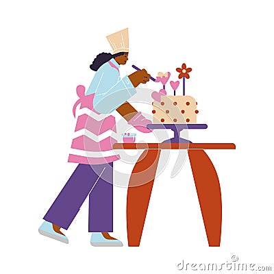 Woman confectioner cooking cake, decorates with heart and flowers, vector confectioner at work, bakery and pastry Cartoon Illustration
