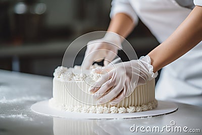 Woman confectioner makes birthday cake in gloves. Professional decorates the cake. Generative AI Cartoon Illustration