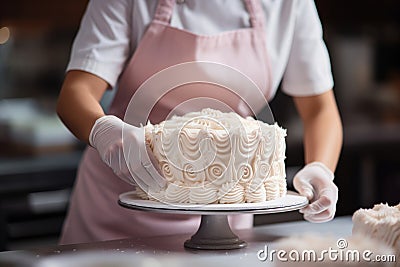 Woman confectioner makes birthday cake in gloves. Professional decorates the cake. Generative AI Cartoon Illustration