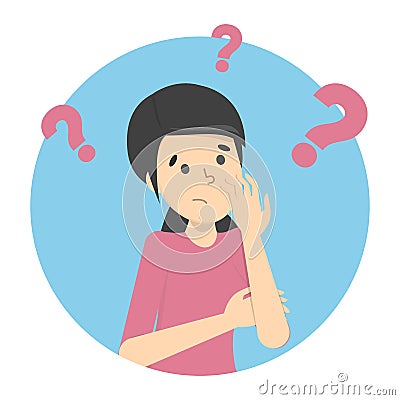 Woman in confusion and question mark around. Vector Illustration