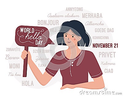 Woman congratulates World Hello day November 21 Vector Illustration