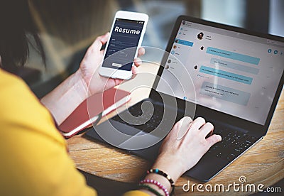 Woman Connection Mobile Job Online Messaging Concept Stock Photo