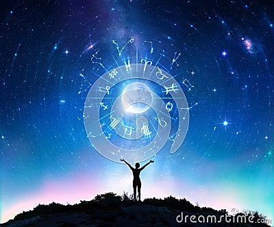 Woman Consulting The Stars - Zodiac Signs Stock Photo