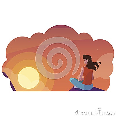 woman contemplating horizon of sky sunset scene Cartoon Illustration