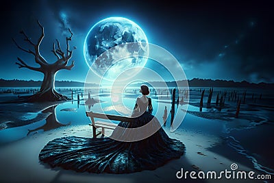 Woman contemplating at moonlight in a barren landscape Stock Photo