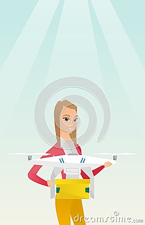 Woman controlling delivery drone with post package Vector Illustration