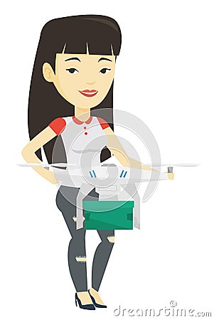 Woman controlling delivery drone with post package Vector Illustration