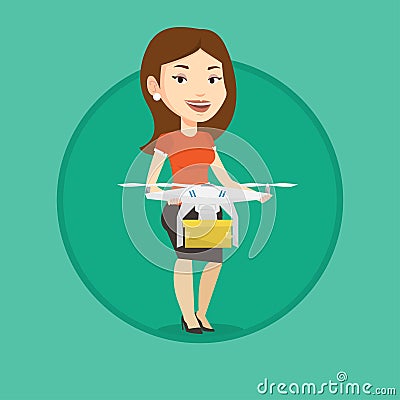 Woman controlling delivery drone with post package Vector Illustration