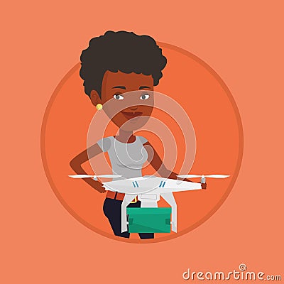 Woman controlling delivery drone with post package Vector Illustration