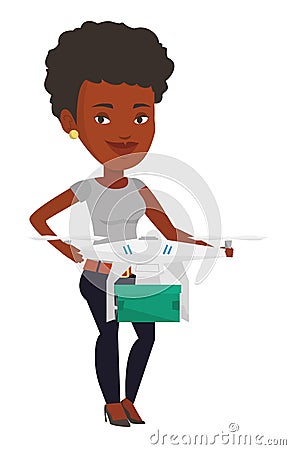 Woman controlling delivery drone with post package Vector Illustration