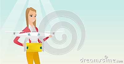 Woman controlling delivery drone with post package Vector Illustration