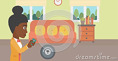 Woman controlling vacuum cleaner with smartphone. Vector Illustration