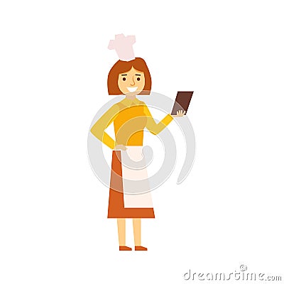 Woman Cook In Apron Looking For Recepy On Smartphone, Person Being Online All The Time Obsessed With Gadget Vector Illustration