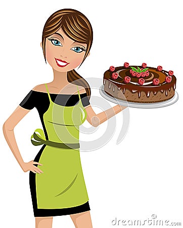 Woman cook cheesecake raspberries chocolate isolated Vector Illustration